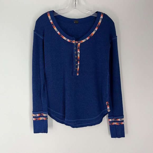 Free People Rainbow Blue Long Sleeve Drop Shoulder Thermal Henley Top Small - Picture 2 of 11